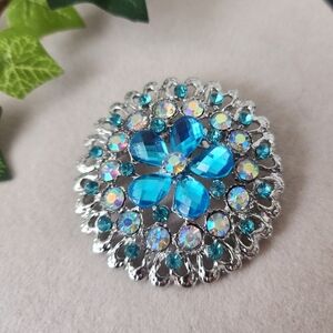 Silver AB and Turquoise Crystal Flower Brooch Pin